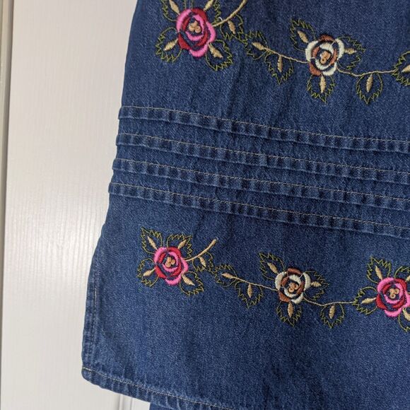 Denim Floral Jumper L Dress 90s Jean Shirt Set Vintage MPH Embroidered Rose Maxi - Picture 11 of 16